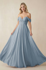 Dusty Blue Off-the-Shoulder Chiffon A-Line Long Bridesmaid Dress | KISSBRIDAL