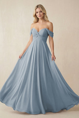 Dusty Blue Off-the-Shoulder Chiffon A-Line Long Bridesmaid Dress | KISSBRIDAL