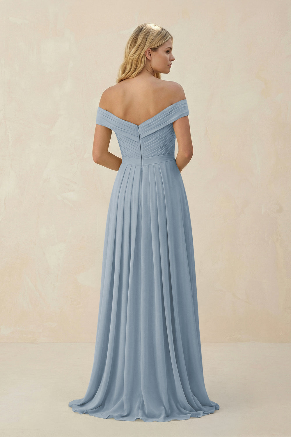 Off-the-Shoulder Pleated A-Line Chiffon Bridesmaid Dress in Dusty Blue