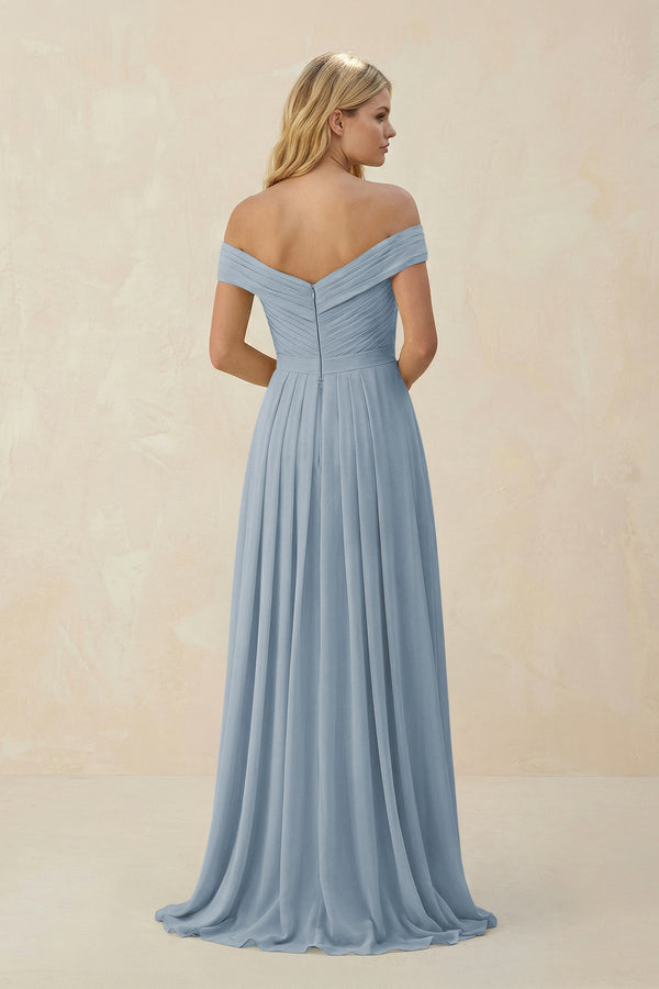 Dusty Blue Off-the-Shoulder Pleated A-Line Chiffon Bridesmaid Dress (2) | KISSBRIDAL
