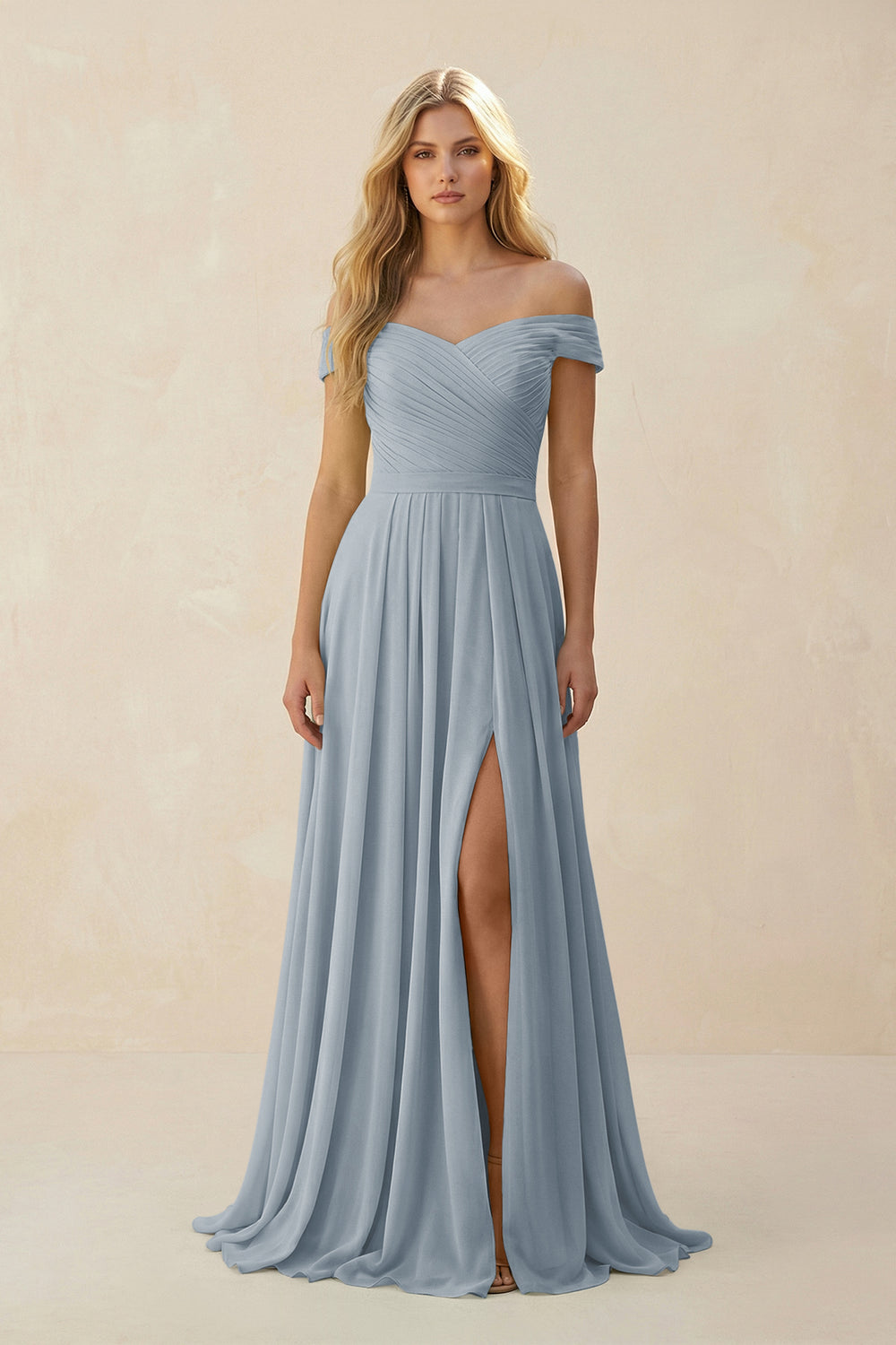 Off-the-Shoulder Pleated A-Line Chiffon Bridesmaid Dress in Dusty Blue