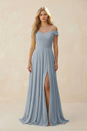 Dusty Blue Off-the-Shoulder Pleated A-Line Chiffon Bridesmaid Dress | KISSBRIDAL