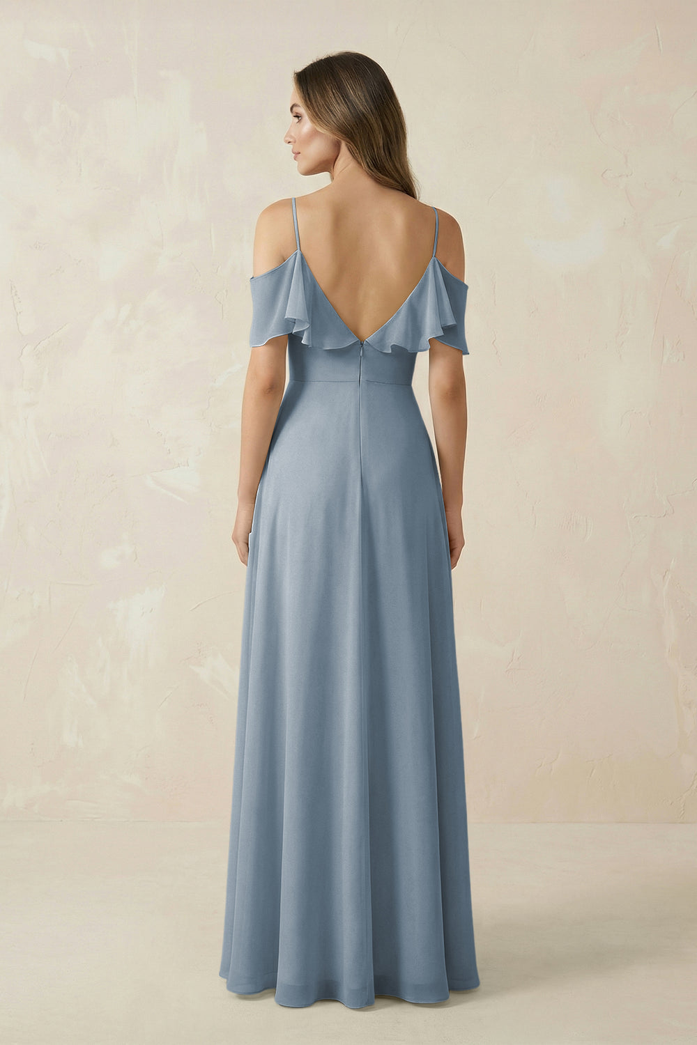 Off-the-Shoulder Ruffled A-Line Chiffon Bridesmaid Dress in Dusty Blue