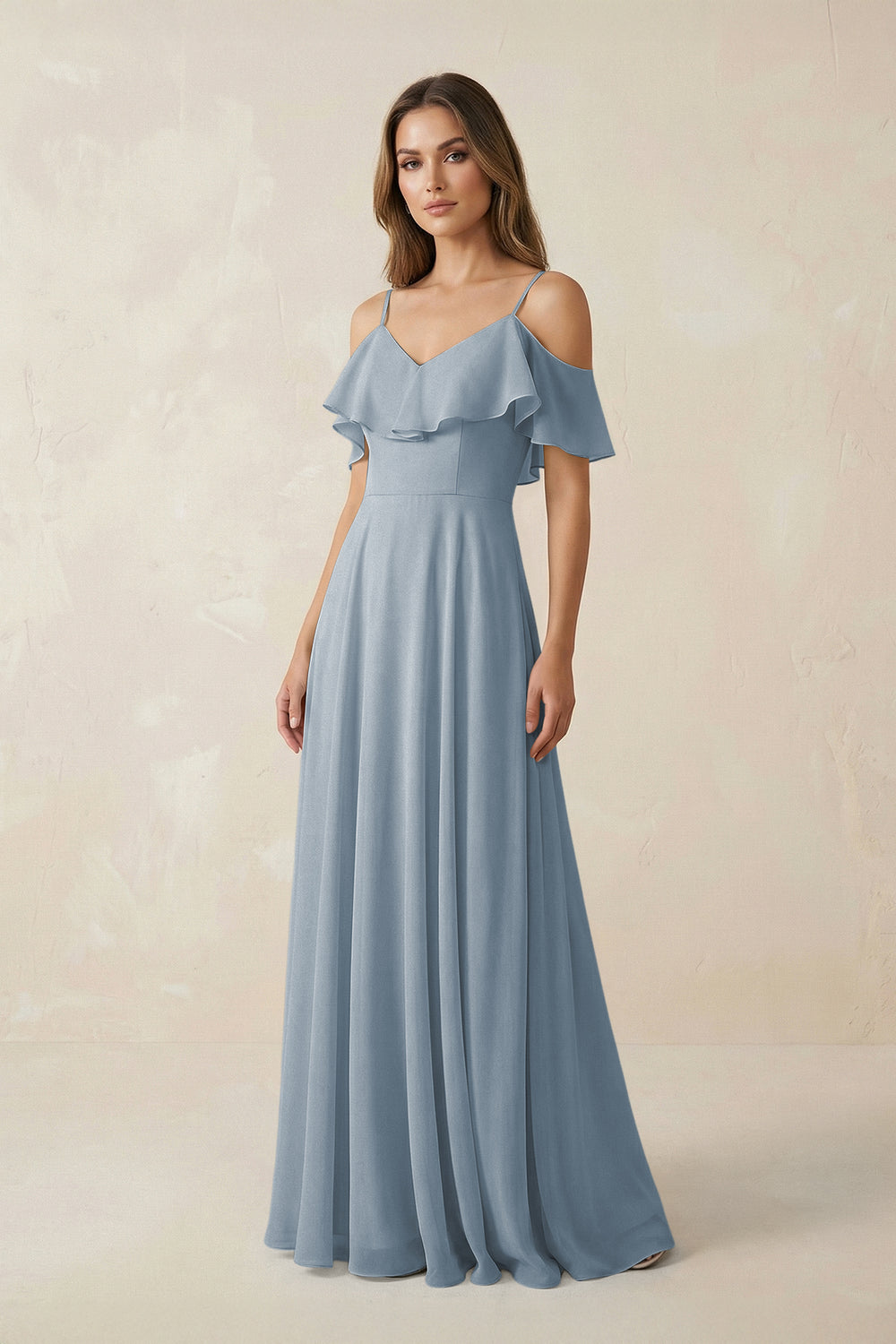 Off-the-Shoulder Ruffled A-Line Chiffon Bridesmaid Dress in Dusty Blue