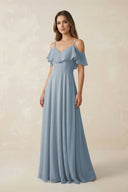 Dusty Blue Off-the-Shoulder Ruffled A-Line Chiffon Bridesmaid Dress | KISSBRIDAL