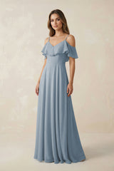 Dusty Blue Off-the-Shoulder Ruffled A-Line Chiffon Bridesmaid Dress | KISSBRIDAL