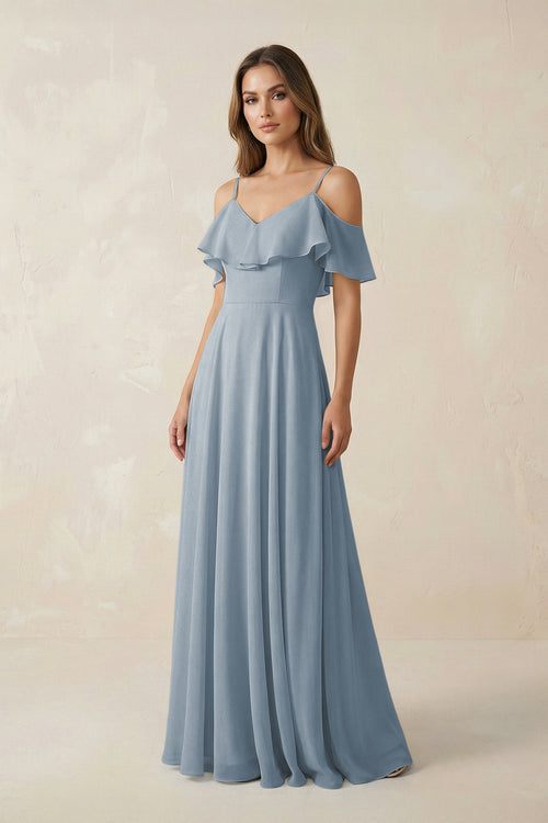 Dusty Blue Off-the-Shoulder Ruffled A-Line Chiffon Bridesmaid Dress | KISSBRIDAL