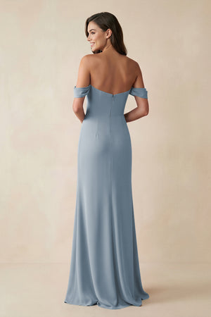 Dusty Blue Off-the-Shoulder Sheath Bridesmaid Dress with Slit (2) | KISSBRIDAL