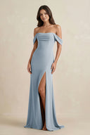 Dusty Blue Off-the-Shoulder Sheath Bridesmaid Dress with Slit | KISSBRIDAL