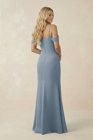 Dusty Blue Off-the-Shoulder Sheath Chiffon Ruched Bridesmaid Dress (2) | KISSBRIDAL