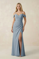 Dusty Blue Off-the-Shoulder Sheath Chiffon Ruched Bridesmaid Dress | KISSBRIDAL