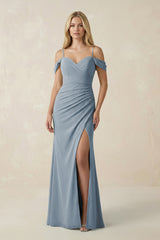 Dusty Blue Off-the-Shoulder Sheath Chiffon Ruched Bridesmaid Dress | KISSBRIDAL