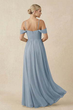 Dusty Blue Off-the-Shoulder Sweetheart A-Line Chiffon Bridesmaid Dress (2) | KISSBRIDAL