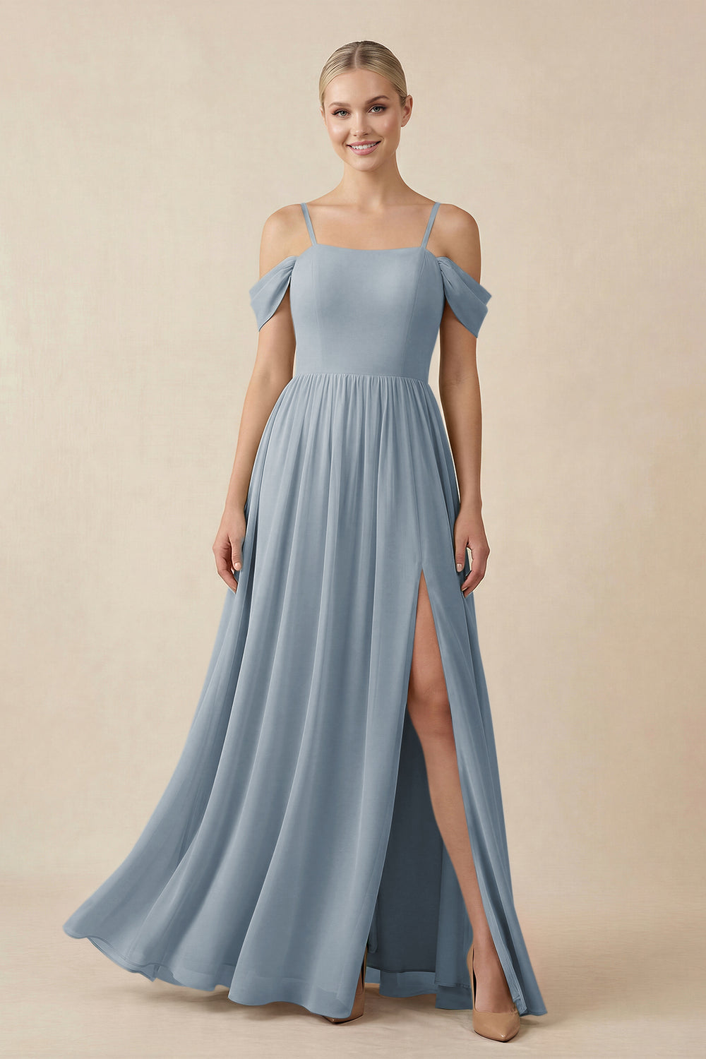 Off-the-Shoulder Sweetheart A-Line Chiffon Bridesmaid Dress in Dusty Blue