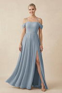 Dusty Blue Off-the-Shoulder Sweetheart A-Line Chiffon Bridesmaid Dress | KISSBRIDAL