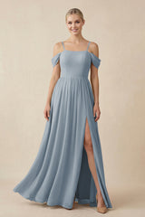 Dusty Blue Off-the-Shoulder Sweetheart A-Line Chiffon Bridesmaid Dress | KISSBRIDAL