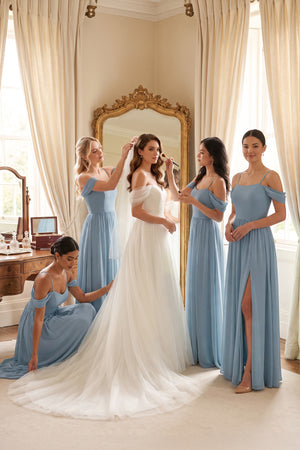 Dusty Blue Off-the-Shoulder Sweetheart A-Line Chiffon Bridesmaid Dress | KISSBRIDAL