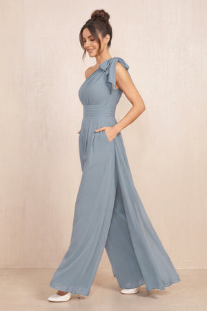 Dusty Blue One-Shoulder Chiffon Mother of the Bride Jumpsuits (3) | KISSBRIDAL