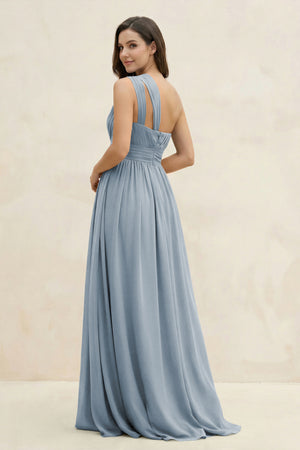 Dusty Blue One-Shoulder Pleated A-Line Chiffon Bridesmaid Dress (2) | KISSBRIDAL