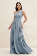 Dusty Blue One-Shoulder Pleated A-Line Chiffon Bridesmaid Dress | KISSBRIDAL