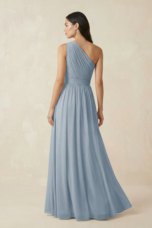 Dusty Blue One-Shoulder Pleated Chiffon Bridesmaid Gown (2) | KISSBRIDAL