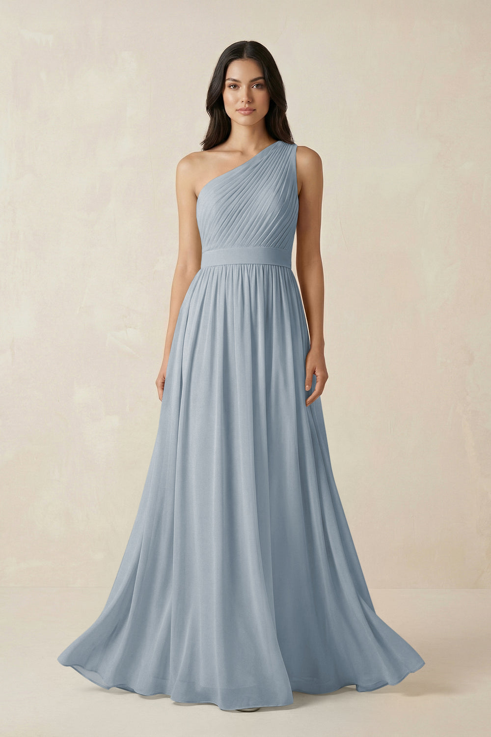 One-Shoulder Pleated Chiffon Bridesmaid Gown in Dusty Blue