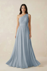 Dusty Blue One-Shoulder Pleated Chiffon Bridesmaid Gown | KISSBRIDAL