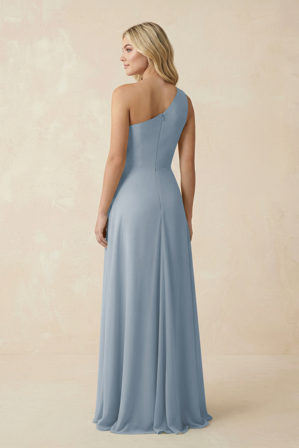 One-Shoulder Ruched A-Line Chiffon Bridesmaid Dress in Dusty Blue