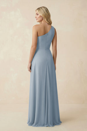 Dusty Blue One-Shoulder Ruched A-Line Chiffon Bridesmaid Dress (2) | KISSBRIDAL