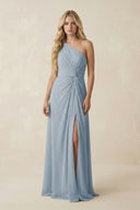 Dusty Blue One-Shoulder Ruched A-Line Chiffon Bridesmaid Dress | KISSBRIDAL