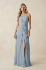 Dusty Blue One-Shoulder Ruched A-Line Chiffon Bridesmaid Dress | KISSBRIDAL