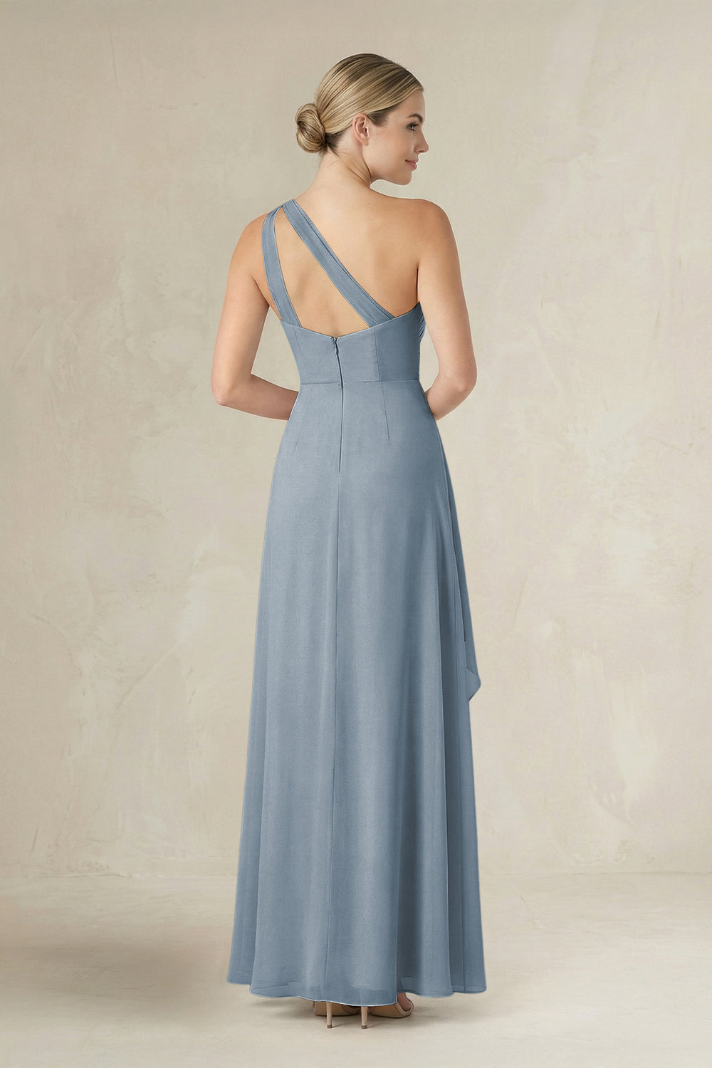 One-Shoulder Sheath Ruched Ruffled Bridesmaid Dress in Dusty Blue