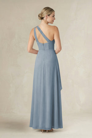 Dusty Blue One-Shoulder Sheath Ruched Ruffled Bridesmaid Dress in Dusty Blue (2) | KISSBRIDAL