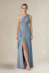 Dusty Blue One-Shoulder Sheath Ruched Ruffled Bridesmaid Dress in Dusty Blue | KISSBRIDAL