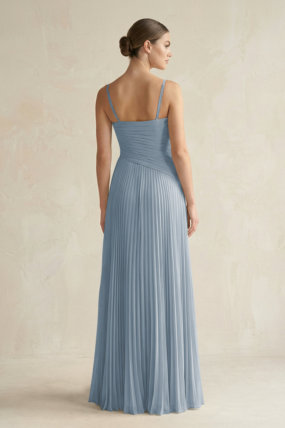Pleated A-Line Long Chiffon Bridesmaid Dress in Dusty Blue