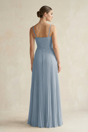 Dusty Blue Pleated A-Line Long Chiffon Bridesmaid Dress (2) | KISSBRIDAL