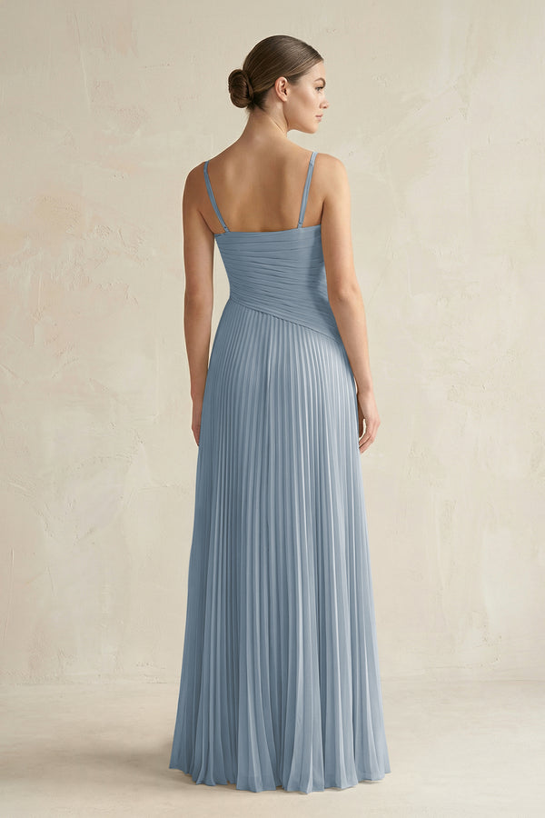Dusty Blue Pleated A-Line Long Chiffon Bridesmaid Dress (2) | KISSBRIDAL