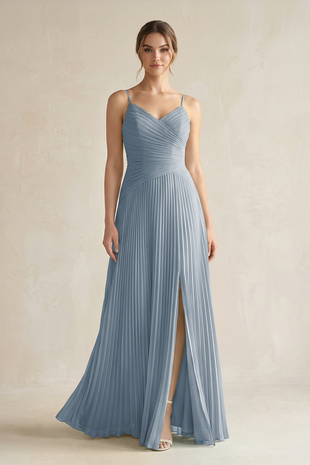 Pleated A-Line Long Chiffon Bridesmaid Dress in Dusty Blue