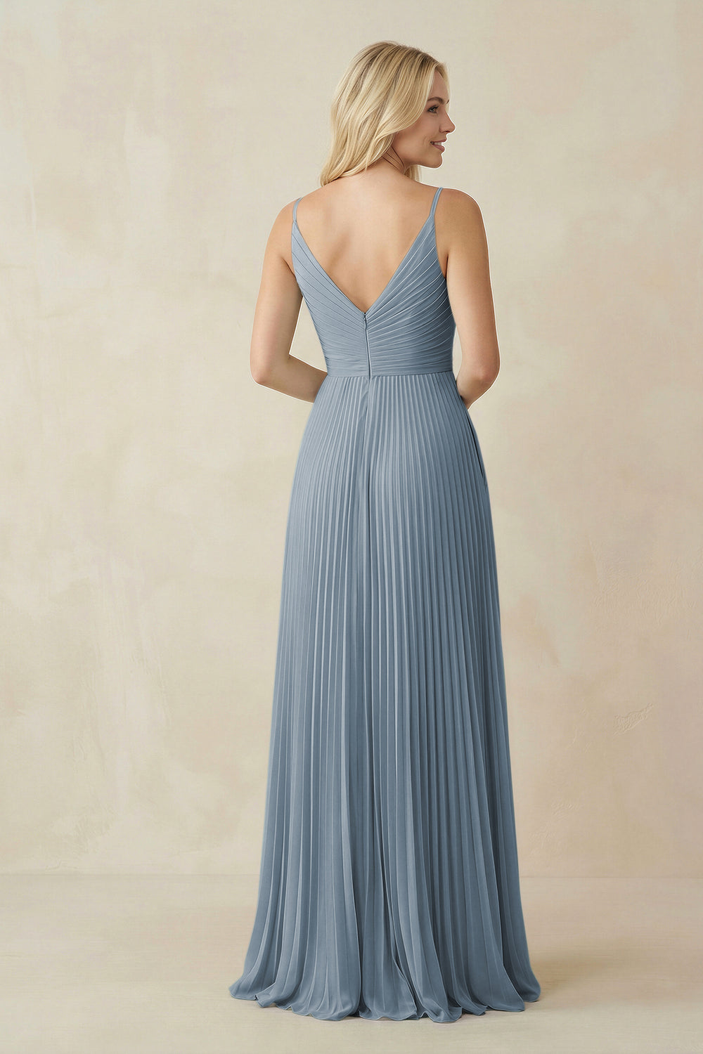 Pleated V-Neck A-Line Chiffon Bridesmaid Dress in Dusty Blue
