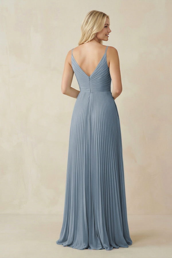 Dusty Blue Pleated V-Neck A-Line Chiffon Bridesmaid Dress (2) | KISSBRIDAL