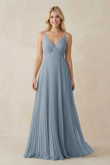 Dusty Blue Pleated V-Neck A-Line Chiffon Bridesmaid Dress | KISSBRIDAL