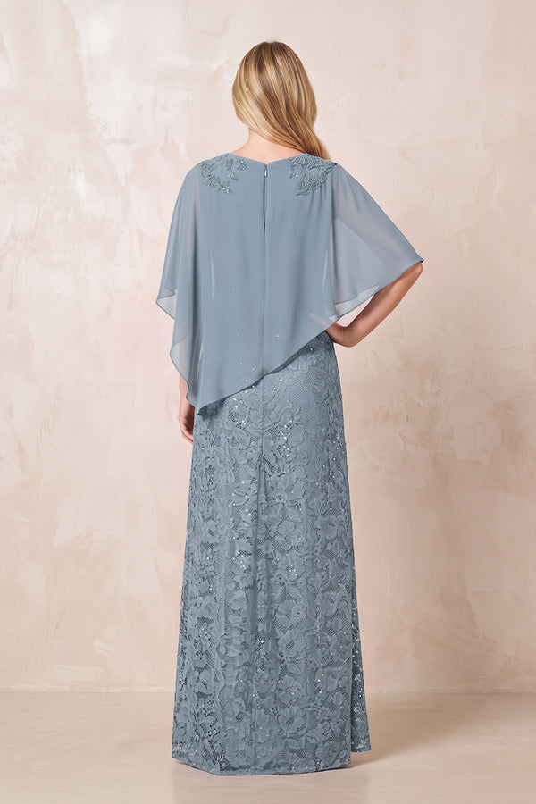 Dusty Blue Round Neck Lace Sheath Chiffon Cape Sleeves Mother of the Bride Dress (2) | KISSBRIDAL