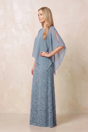 Dusty Blue Round Neck Lace Sheath Chiffon Cape Sleeves Mother of the Bride Dress (3) | KISSBRIDAL