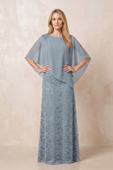 Dusty Blue Round Neck Lace Sheath Chiffon Cape Sleeves Mother of the Bride Dress | KISSBRIDAL