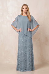 Dusty Blue Round Neck Lace Sheath Chiffon Cape Sleeves Mother of the Bride Dress | KISSBRIDAL