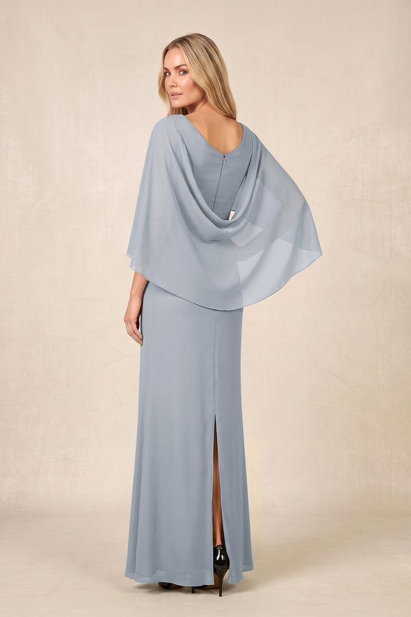 Dusty Blue Round Neck Sheath Chiffon Cape Sleeves Ruched Mother of the Bride Dress (2) | KISSBRIDAL
