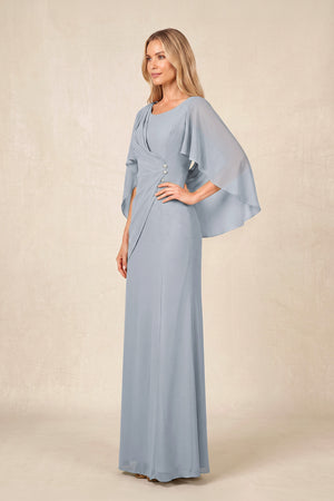 Dusty Blue Round Neck Sheath Chiffon Cape Sleeves Ruched Mother of the Bride Dress (3) | KISSBRIDAL