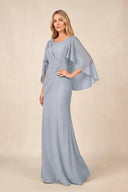Dusty Blue Round Neck Sheath Chiffon Cape Sleeves Ruched Mother of the Bride Dress | KISSBRIDAL