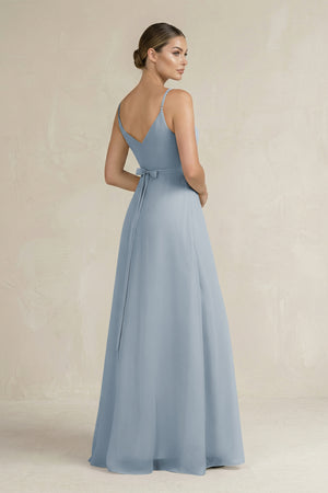 Dusty Blue Ruched A-Line Chiffon Bridesmaid Dress with Slit (2) | KISSBRIDAL