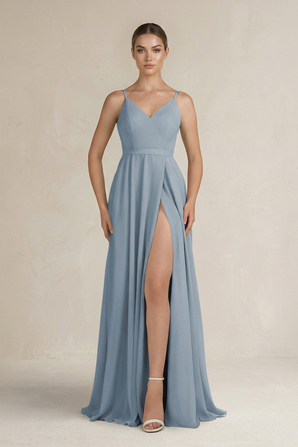 Ruched A-Line Chiffon Bridesmaid Dress with Slit in Dusty Blue